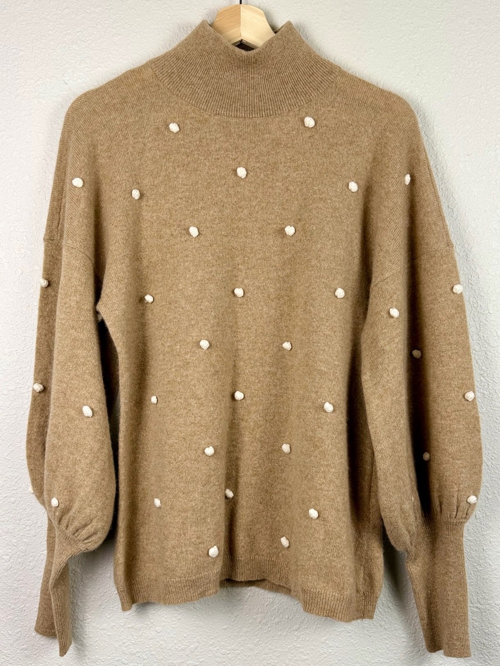 Charter Club 100% Cashmere Pom Dot Mock Neck Sweater Camel Large NWT